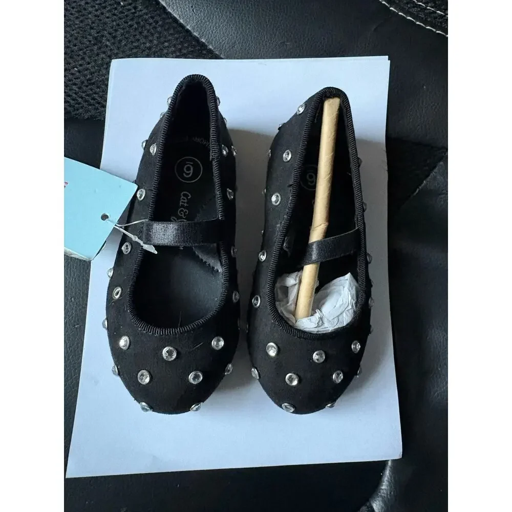 Cat & Jack Girls Black Studded Mary Jane Flats Memory Foam Flexible Size 6